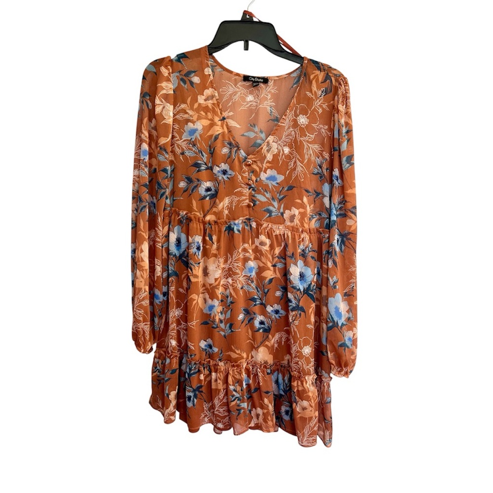 Floral V-Neck Orange and Blue Long Sleeve Floral Mini Dress Womens Large